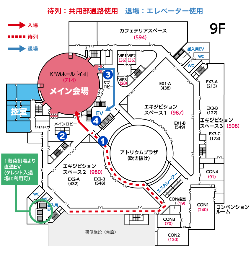 プランB（待列：共用部通路使用、退場：エレベーター使用）