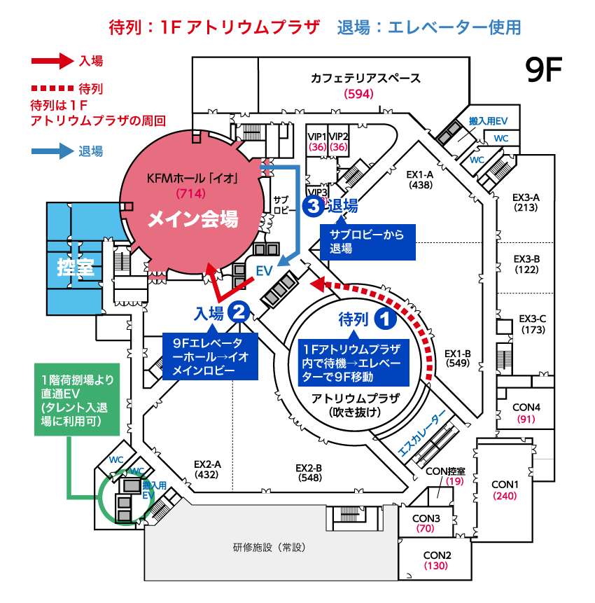 プランC（待列：1Fアドリウムプラザ、退場：エレベーター使用）