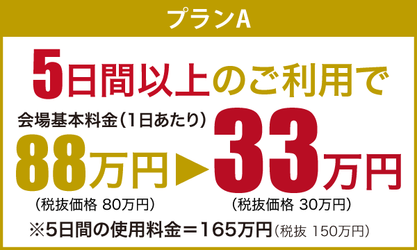 プランA：5日間以上のご利用で、会場基本料金（1日あたり）88万円から33万円（税込）に！