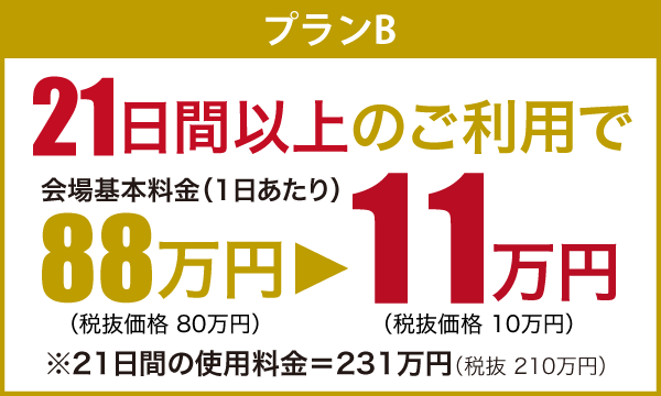 プランB：21日間以上のご利用で、会場基本料金（1日あたり）88万円から11万円（税込）に！